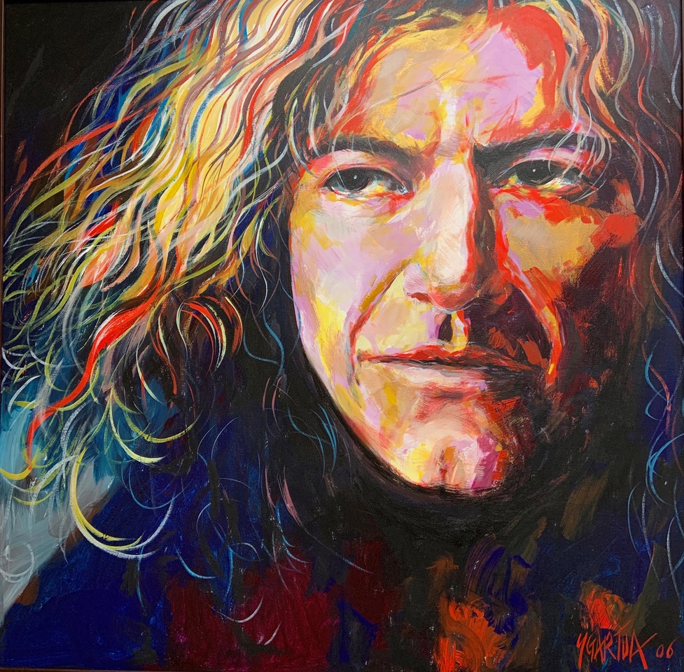 Alt text: A portrait painting of Robert Plant, the lead singer of the legendary rock band Led Zeppelin. The painting is executed in a realistic style, capturing Plant's distinctive features, hairstyle, and clothing with precise detail. Plant is depicted looking off to the side, with a pensive expression and a hint of a smile. 