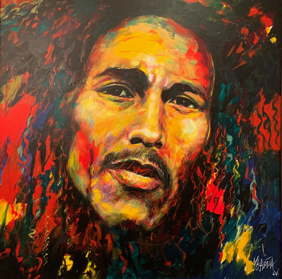 A portrait painting of Bob Marley, with a predominantly warm color palette of reds and yellows. The painting is executed in a realistic style, capturing Marley's distinctive facial features and dreadlocks.