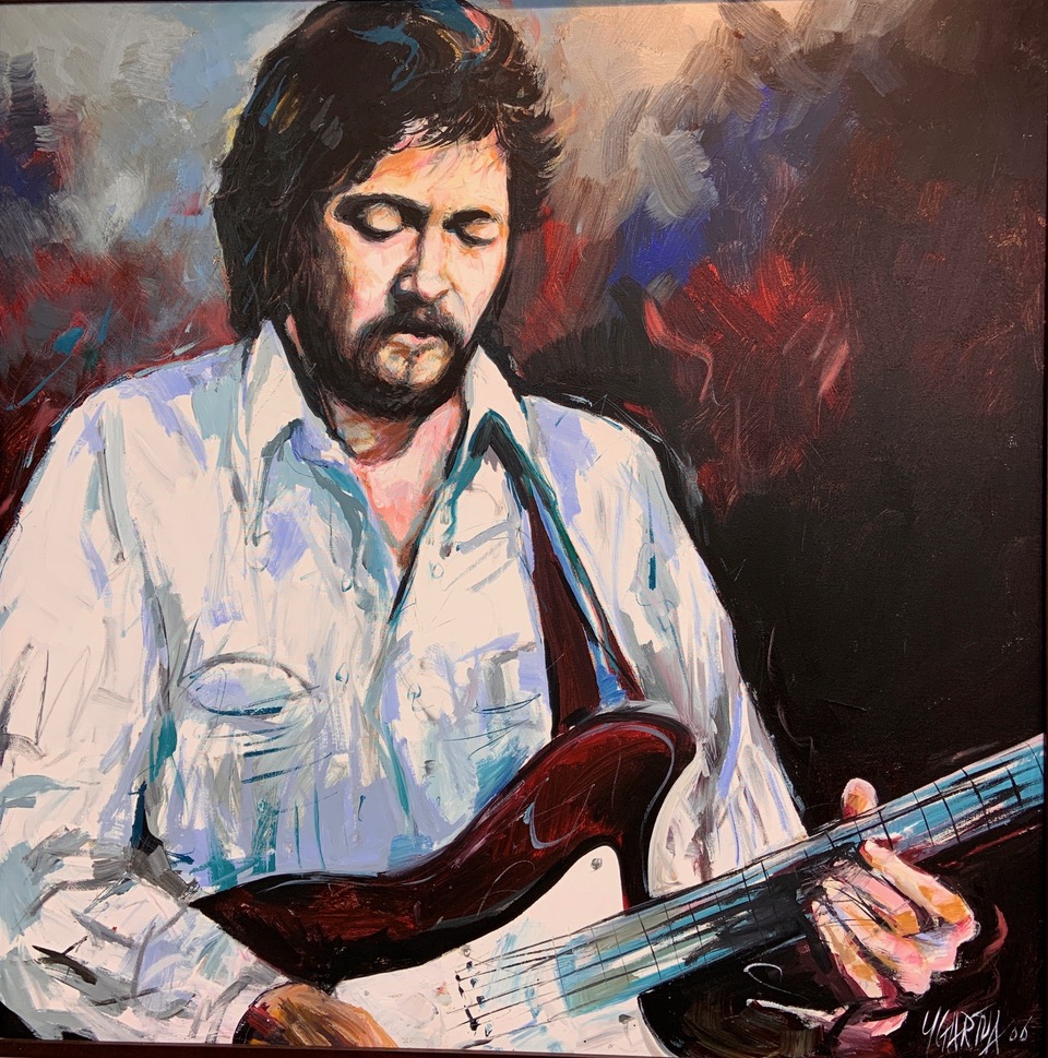 An acrylic painting on canvas of Eric Clapton playing an electric guitar. The overall effect is a powerful and dynamic representation of one of the most legendary guitarists in the history of rock and roll.