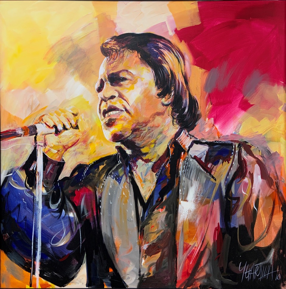 Alt text: A painting of James Brown singing, with a color palette dominated by gold and red tones. The painting is executed in a stylized and expressive manner, capturing the energy and movement of Brown's performance.