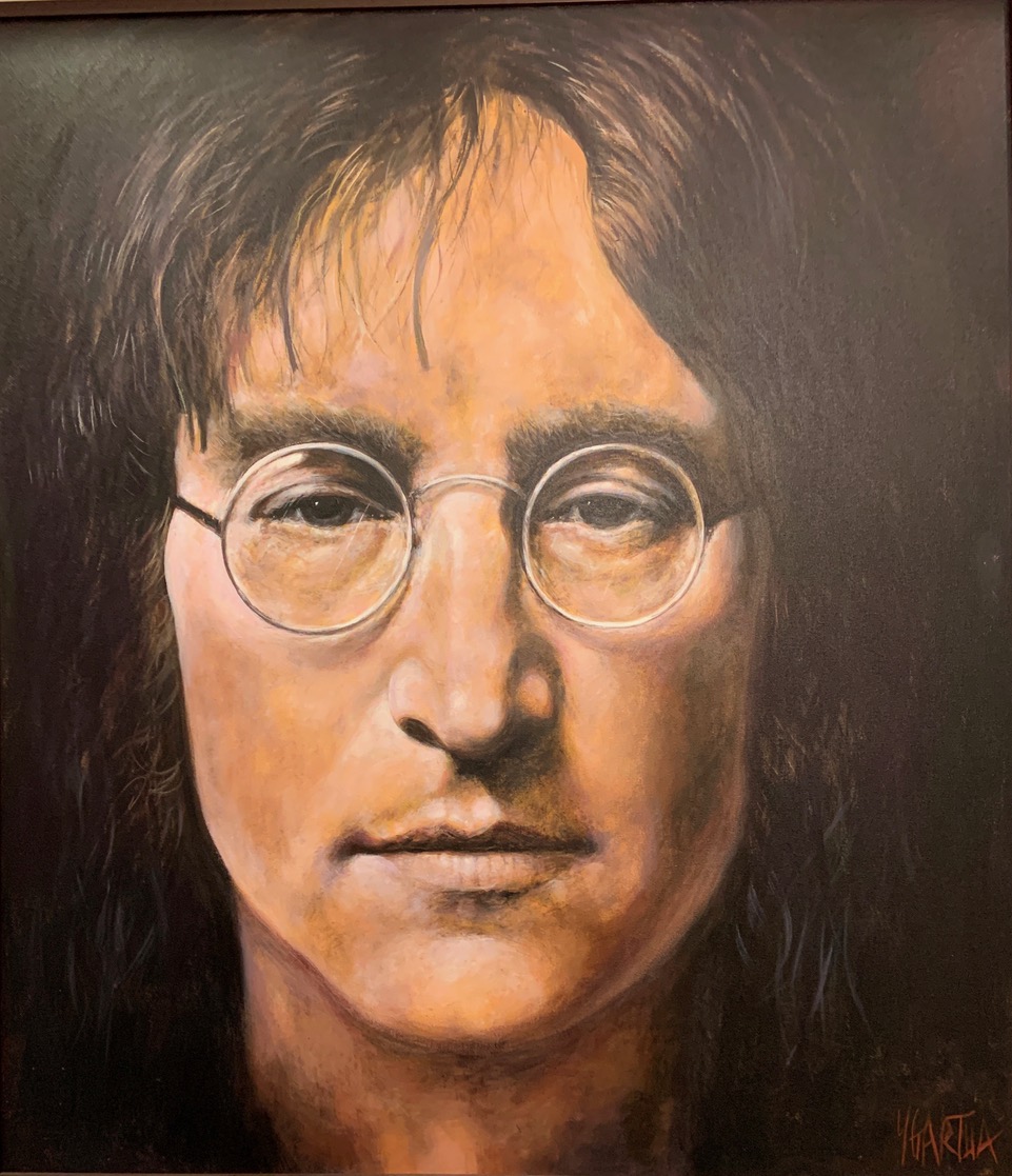 A painting featuring a portrait of John Lennon, depicted in a realistic style. Lennon's face is painted with precise detail, capturing his iconic features and distinctive hairstyle. 