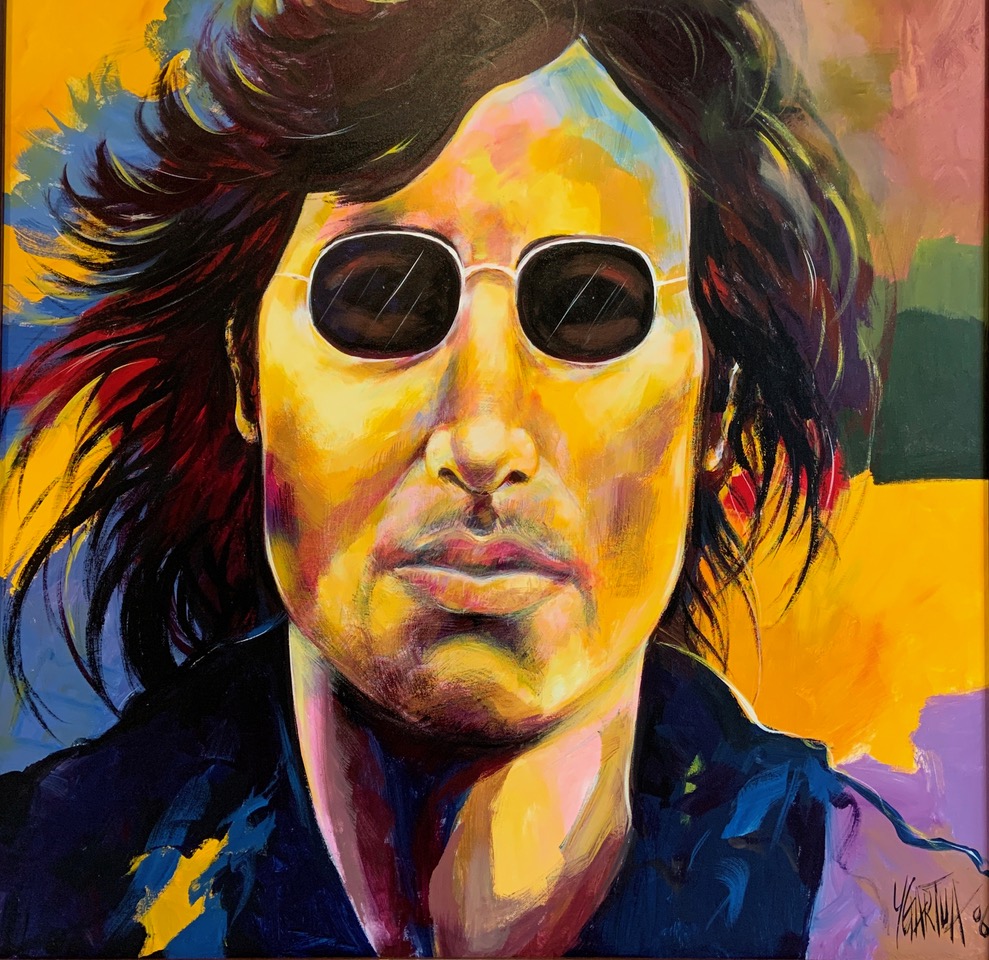 A painting on canvas featuring a portrait of John Lennon wearing sunglasses, with a predominantly yellow color palette. The portrait is painted in a loose and expressive style, capturing Lennon's distinctive features and quirky personality.
